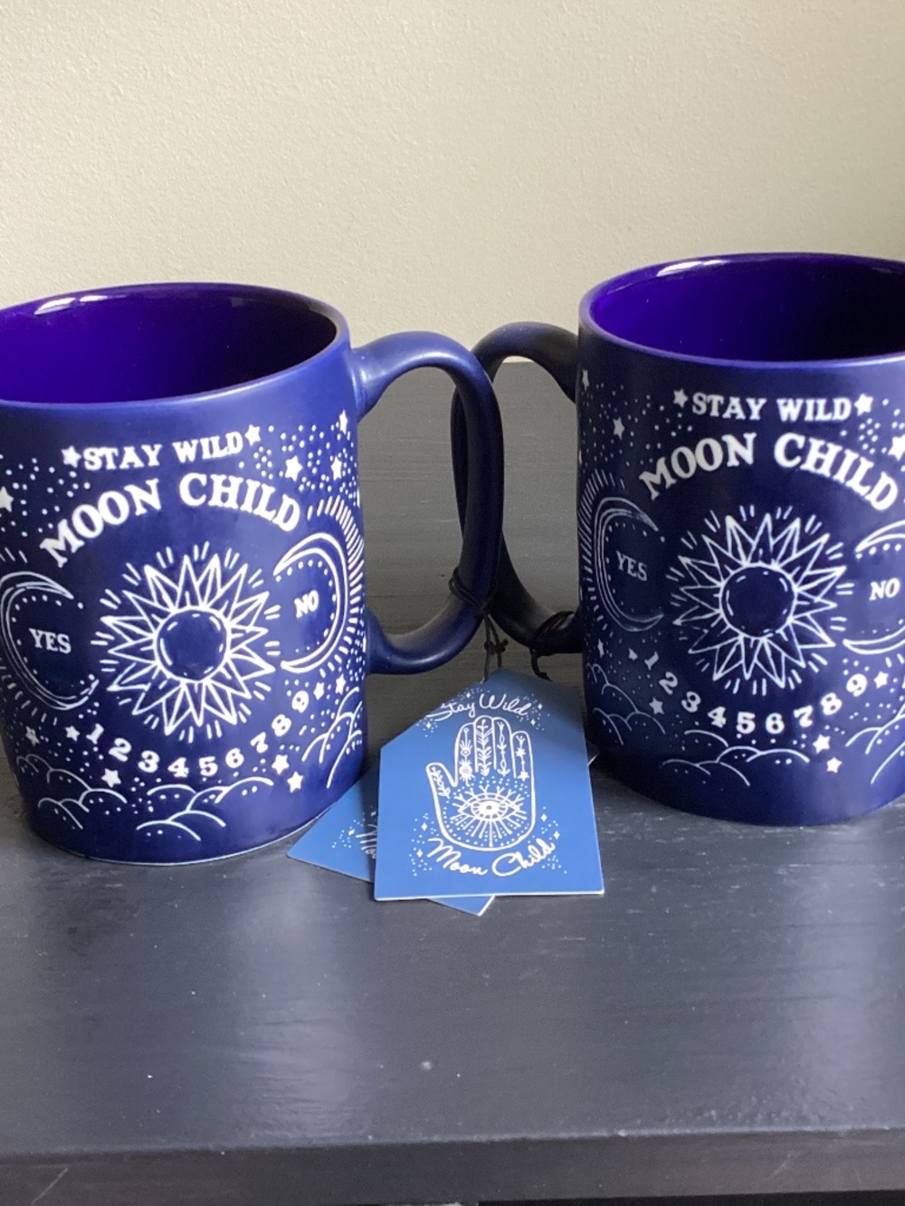 NWT Set of 2 Blue and White Embossed Double Sided Ouija Oracle Ceramic Mugs